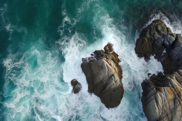 Poster - Aerial top view of sea waves and rocky coast, created with Generative AI technology