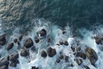Poster - Aerial top view of sea waves and rocky coast, created with Generative AI technology
