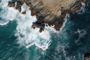 Poster - Aerial top view of sea waves and rocky coast, created with Generative AI technology