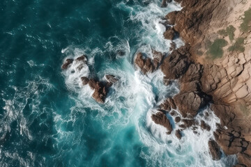 Poster - Aerial top view of sea waves and rocky coast, created with Generative AI technology