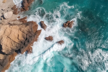Poster - Aerial top view of sea waves and rocky coast, created with Generative AI technology