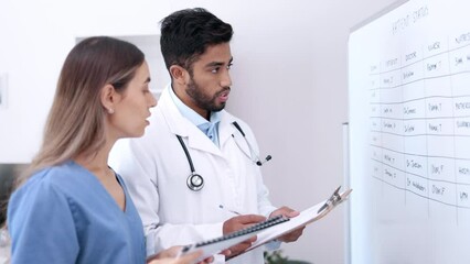 Wall Mural - Teamwork, doctor or nurse with research on board in hospital for medical help or communication. Woman, man or healthcare people in clinic for planning a report, analysis or conversation together