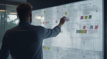 Agile software development or project management using kanban or scrum methodology boards. Process, workflow, visual organisation tools and framework technology. Finger touching virtual interface