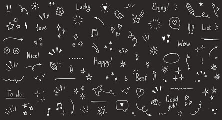 Poster - Doodle cute glitter pen line elements chalkboard. Doodle heart, arrow, star, sparkle decoration symbol set icon. Simple sketch line style emphasis, attention, pattern elements. Vector illustration