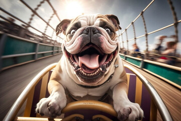 Wall Mural - Generative AI of funny bulldog enjoying a ride on a rollercoaster.