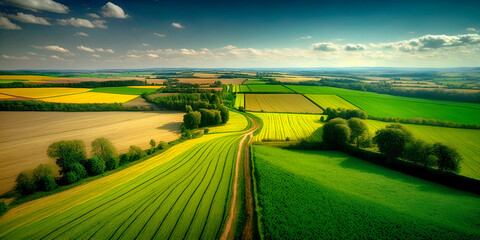 aerial drone acres of green fields stretching for. sunny landscape beauty of nature harvest farms. t