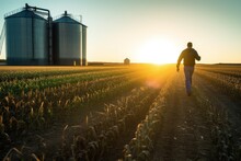 Farmer Walking Through Corn Field At Dawn, Grain Silo In The Distance, Depicting Rural Life And Agriculture, Generative Ai