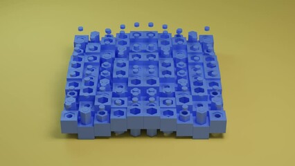 Poster - Loop 3d animation of an array of cubes and other geometric shapes mutually moving. Objects have a wave-like displacement. Abstract motion design.