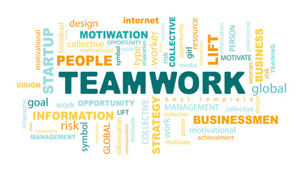 Teamwork concept poster design for office or workspace. Banner with text inscription, Team, work. Inspirational and motivational quotes. Business concept. Vector flat color illustration, yellow, green
