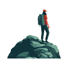 Canvas Print - Man hiking with backpack conquer mountain peak