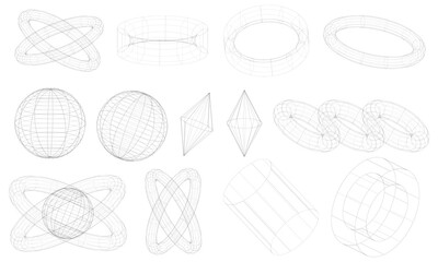 Poster - Futuristic 3D wireframe shapes. Abstract set of frames, 3d shapes, wireframe, cyberpunk style. Vector wireframe shapes.