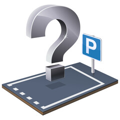 parking space in 3d with its road sign and its marking on the ground with a question mark placed on it (cut out)