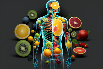Wall Mural - Fruits and vegetables forming a human body, metabolism, nutrition, eating diet, fitness, health, vitamins, digestion, supplements, health care, healthy lifestyle, healthy food. Generative AI