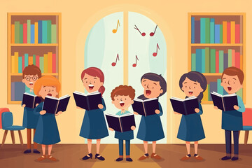 Young students with books harmonize in school chorus. Small children holding textbooks perform onstage. Music, recital. Vector graphic