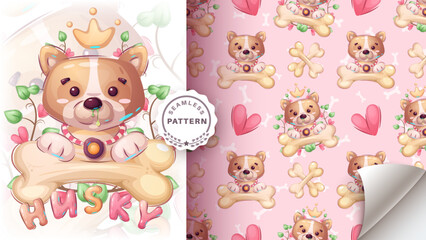 Seamless pattern cartoon character adorable dog, pretty animal idea for print t-shirt, poster and kids envelope, postcard. Cute hand drawn style puppy