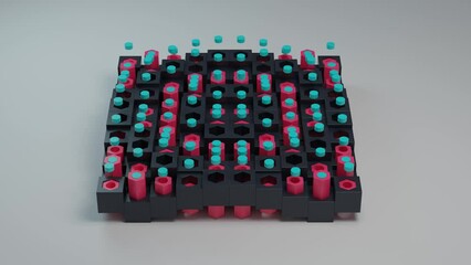 Poster - loop 3d animation of a set of geometric shapes, cubes, cylinders and hexagons. the figures make conc