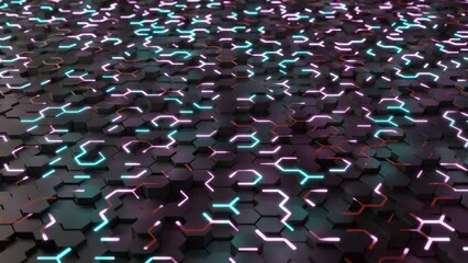 Poster - loop 3d animation. abstract futuristic background of many hexagons and neon illumination in the shap
