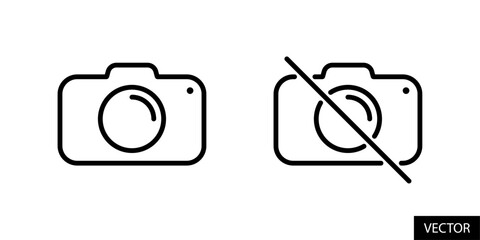 Fototapete - Camera and camera slash, camera not allowed, no photography concept vector icons in line style design for website, app, UI, isolated on white background. Editable stroke. Vector illustration.