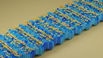 Poster - Loop 3d animation of an array of blue and blue tubes from which the balls fly out and return to. Wave displacement of the movement of pipes and spheres. Abstract animation of geometric objects.