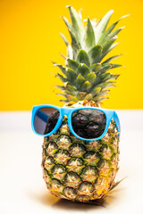 Wall Mural - funny or humorous photograph of a ripe whole tropical pineapple fruit wearing blue plastic sunglasse