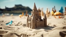 Summer Vacation On Beaxh With Sandcastles. AI Generated