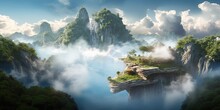 Land Above The Clouds, China Rock Mountain In Sky View By Ai Generative