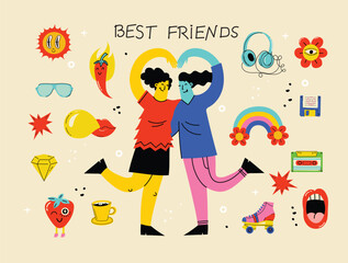 Poster - Best friends cocept illustration. Vector illustration of multicultural girls and multicultural friendship. Happy friendship day. Teenage girl friends hugging and having fun.