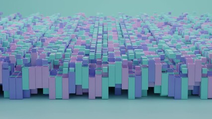 Poster - abstract loop animation of a column of square pipes from which cubes fly out and return. the wave di
