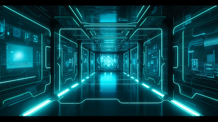 Interior of a futuristic Artificial Inteligence spaceship. Sc fi technology. Hollogram, teleport, time travel. Ai Generative