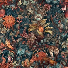 Wall Mural - Maximalism style botanical and animals seamless pattern, created with generative AI