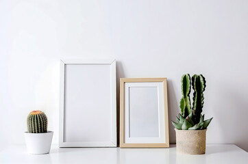 A mock-up of an interior poster with two vertical empty white and beige frames standing on a table, with potted cacti on the sides, against a white wall background. Generative AI