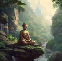 Buddha Statue Meditation In Jungle Generative AI