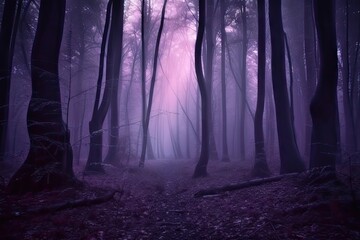 Wall Mural - dark purple forest with mysterious fog and glowing lights, created with generative ai