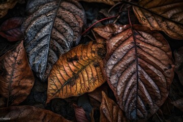 Poster - stunning macro shot of fallen leaves, with intricate details and textures visible, created with generative ai