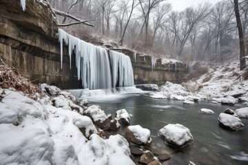 Canvas Print - dramatic waterfall scene in winter, with snow and ice on the rocks, created with generative ai