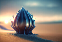 Abstract Fantasy Shell On The Beach. Surreal Seashell On The Alien Planet Landscape. Generated AI