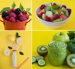 Wall Mural - Collage of healthy food. Fruit and vegetable smoothie, fruit salad, berry on the yellow background. Close-up.