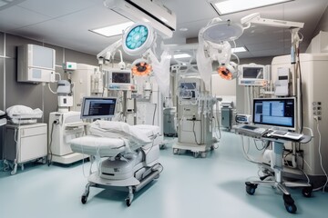 Poster - high-tech medical equipment, with intricate and complex mechanisms, in a modern hospital setting, created with generative ai