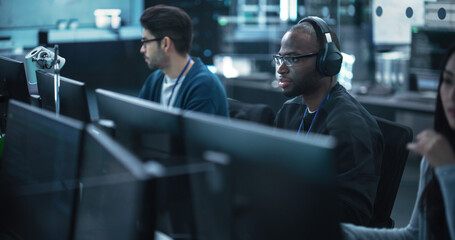 Poster - African American Computer Engineer Finds and Fixes Bugs in a Product or Program Before the Launch. Young Black Specialist Working in Advanced Technology Industry