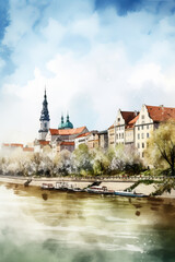 bratislava watercolor on sunnt day. Eslovaquia. Europe. visit. travel concept. city. illustration. vacations concept. image created with ai