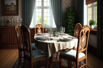 Sticker - wooden dining room set with table and chairs, topped with elegant tablecloth, created with generative ai