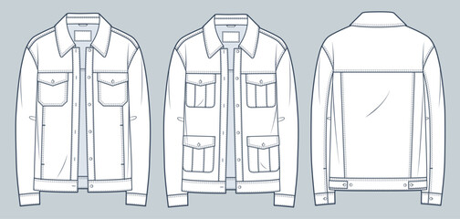 Denim Jacket technical fashion Illustration. Leather Jacket fashion flat technical drawing template, oversize, button closure, pockets, front and back view, white, women, men, unisex CAD mockup set.