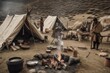 nomadic tribe setting up camp with tents, fire, and cooking pots, created with generative ai