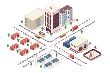 Aufkleber - Smart city concept 3d isometric web infographic workflow process. Infrastructure map with business buildings, industrial area, green energy, suburb. Illustration in isometry graphic design