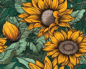 design summer themed illustration using bold line seamless sunflowers leaves green background earth abundant ink milk yellows blacks, generative ai