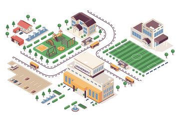 Aufkleber - School learning concept 3d isometric web infographic workflow process. Infrastructure map with kindergarten, university, buildings, playground court. Illustration in isometry graphic design