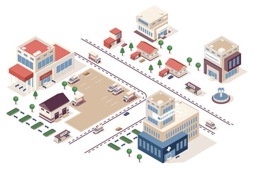 Fototapete - Medical center concept 3d isometric web infographic workflow process. Infrastructure map with buildings of pharmacy, hospital, clinic, emergency car. Illustration in isometry graphic design