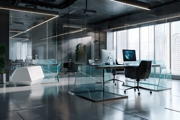 Poster - futuristic open office with sleek furniture, glass walls, and floating holographic displays, created with generative ai