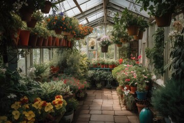 Poster - a greenhouse with hanging baskets overflowing with plants, created with generative ai