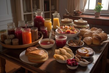 Poster - gourmet breakfast spread, with freshly baked breads, jams and jellies, created with generative ai